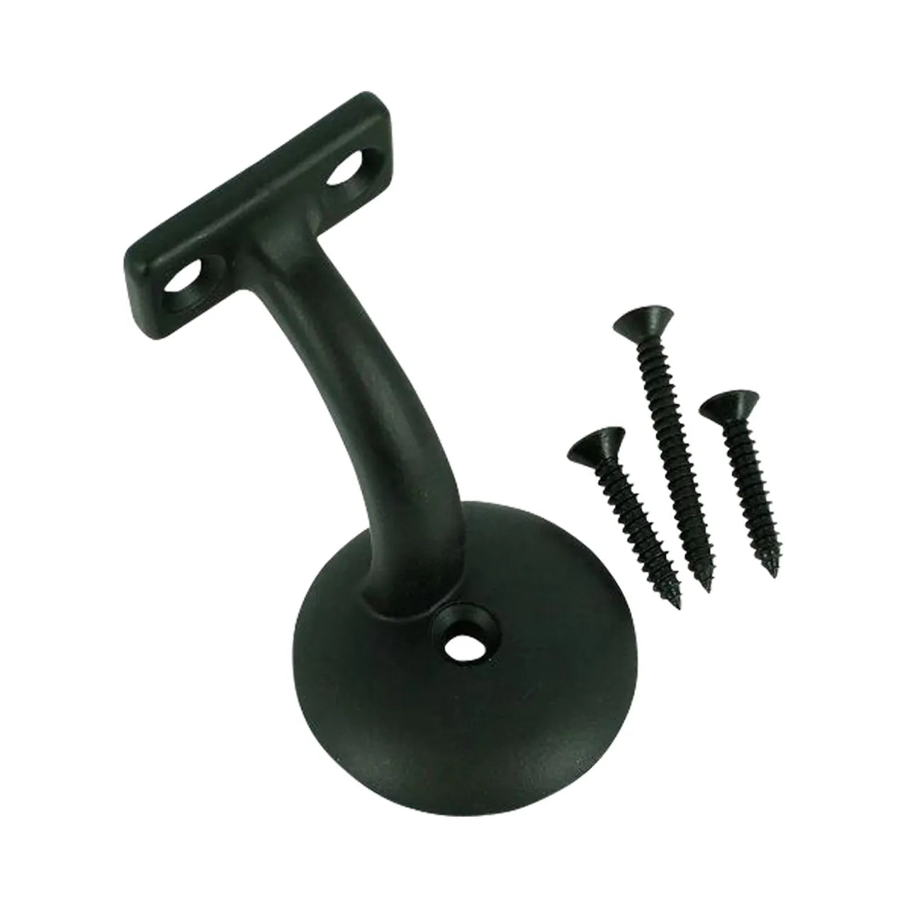 The Go Build 2-1/2 in. x 0.26 ft. Aluminum Alloy Heavy Duty Wall Rail Mounting Bracket in black includes a round base, T-shaped mount, and three screws—ideal for secure handrail installation and support.